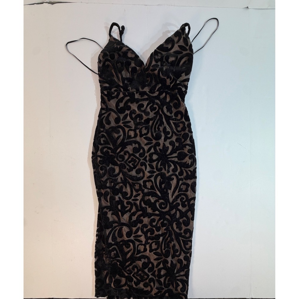 G by GUESS Black Velvet Burnout Damask Bodycon Midi Dress Tan Nude Lining XS
